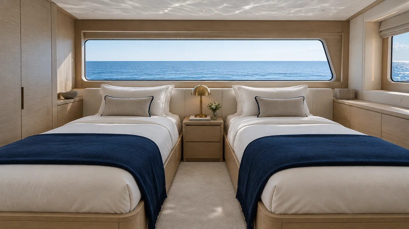 Illustrative yacht guest cabin made up as twins, two single beds either side of a shared bedside table below a long hull window
