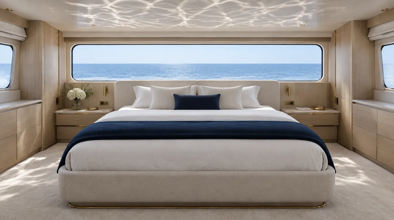 Illustrative owner's cabin with a wide bed centred beneath a long hull window onto calm sea, pale oak joinery on both sides