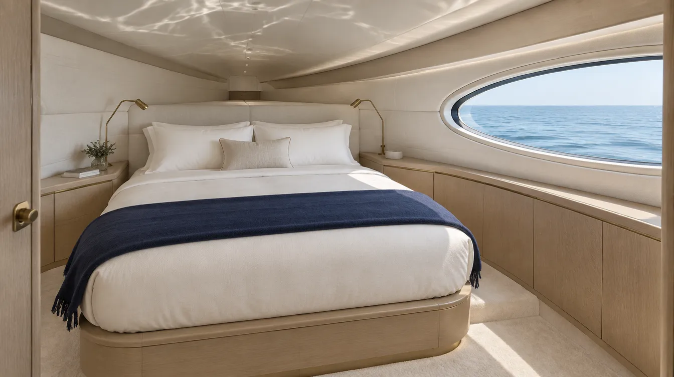 Illustrative VIP cabin forward on a yacht, the bed set against a curving upholstered wall beside an oval hull window