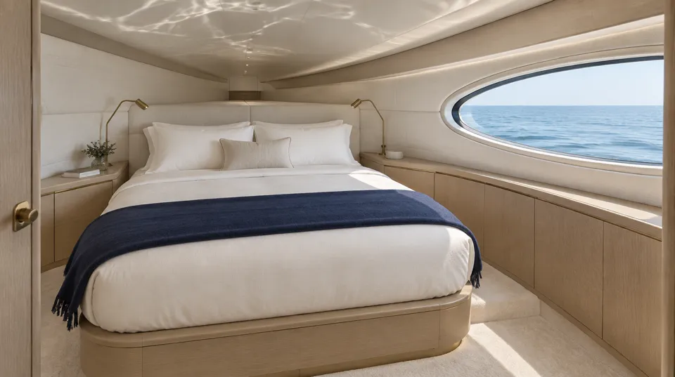 Camarote VIP ilustrativo a proa de un yate, con la cama apoyada en una pared tapizada curva junto a una ventana ovalada de casco