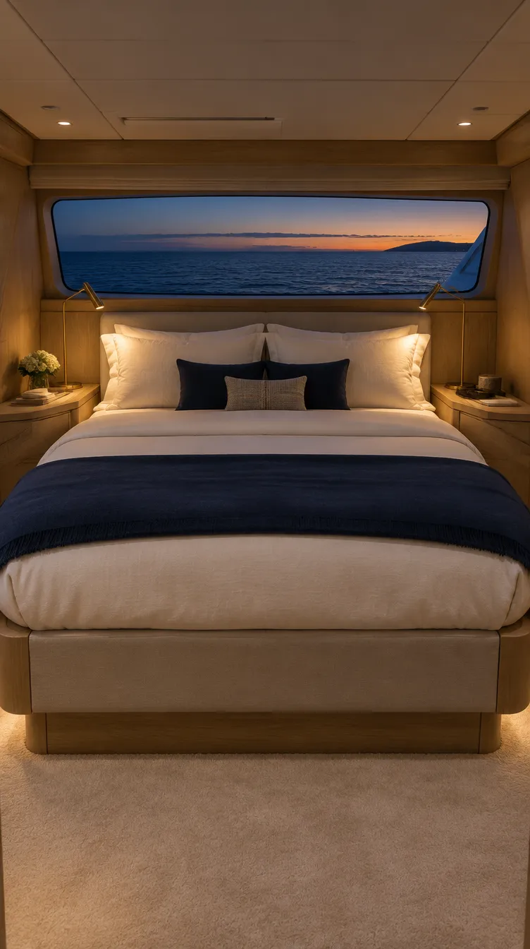 Camarote ilustrativo al atardecer, con focos de luz cálida de las lámparas de lectura a ambos lados de la cama y el mar al anochecer tras la ventana
