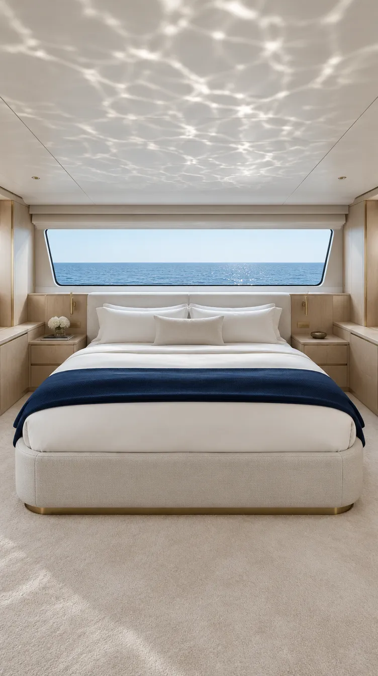 Camarote del armador ilustrativo con una cama ancha centrada bajo una ventana corrida de casco con vistas al mar en calma, y ebanistería de roble claro a cada lado