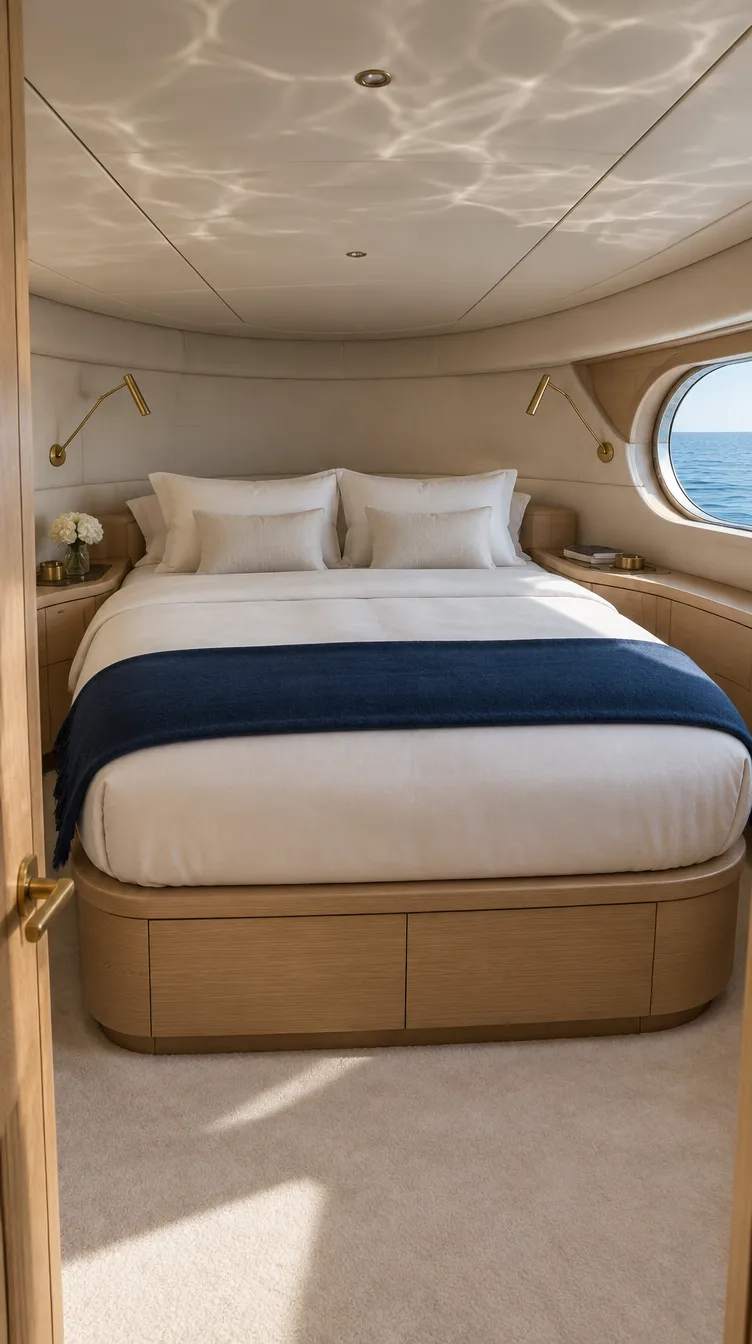 Camarote VIP ilustrativo a proa de un yate, con la cama apoyada en una pared tapizada curva junto a una ventana ovalada de casco